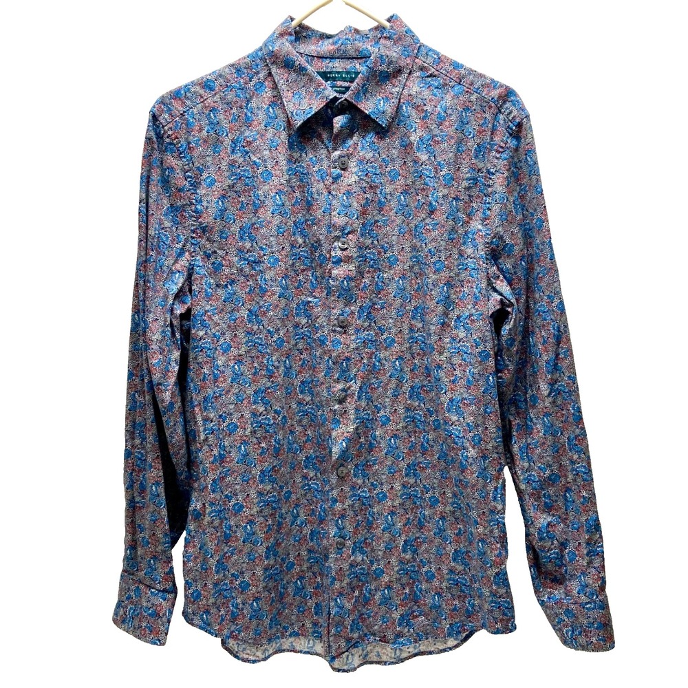 Perry Ellis Button Down Shirt Men's Medium Blue Floral Stretch Career Casual EUC